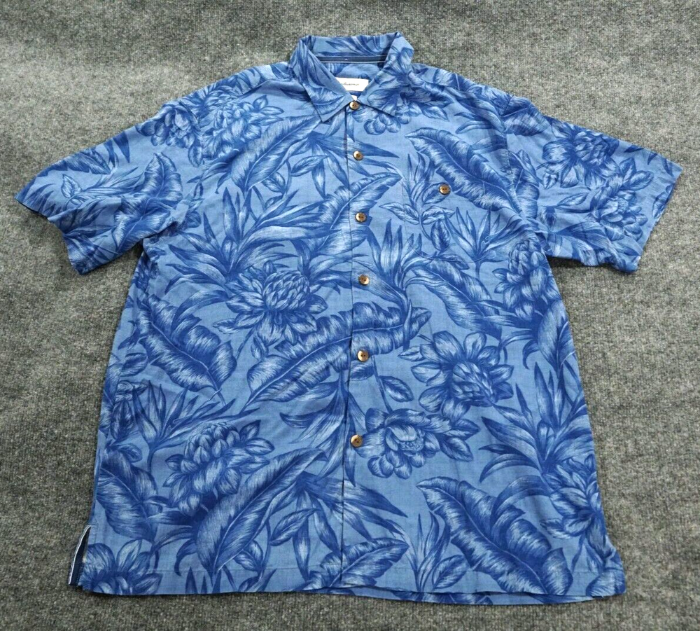 Tommy Bahama Mens Large Blue Silk Floral Hawaiian Camp Shirt