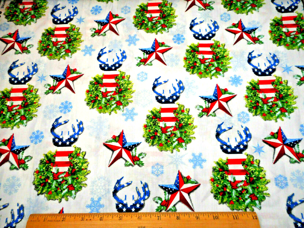 Patriotic Cotton Fabric Christmas Star Flag Deer Wreath White 3 B C by Yard-image