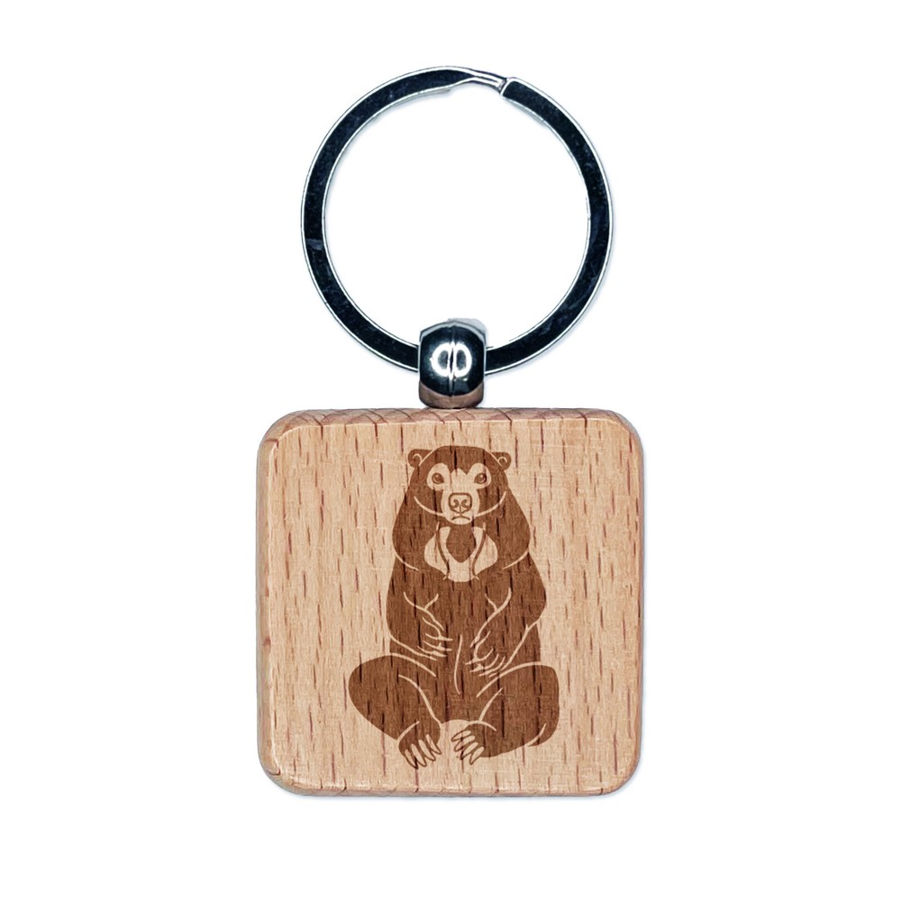 Sitting Malayan Sun Bear Engraved Wood Square Keychain Tag Charm
