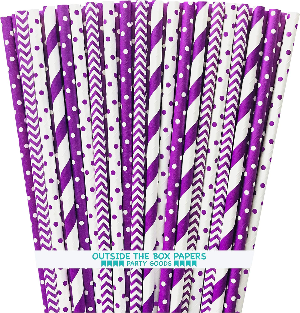 Pajitas de papel púrpura - Lunares Chevron a rayas - 7,75 pulgadas - Paquete de 100 - Marca