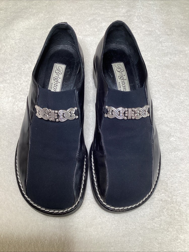 Brighton Womens Black Leather Loafers Made In Italy Silver Scroll Detail Sz 6.5