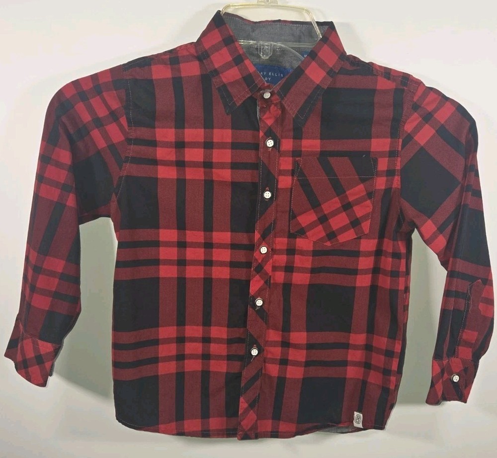 Perry Ellis Boys Size 5 Long Sleeve Plaid Dress Shirt Red Black