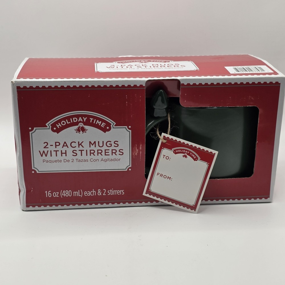 BRAND NEW Holiday Time 2 pack mugs with stirrers 16 oz