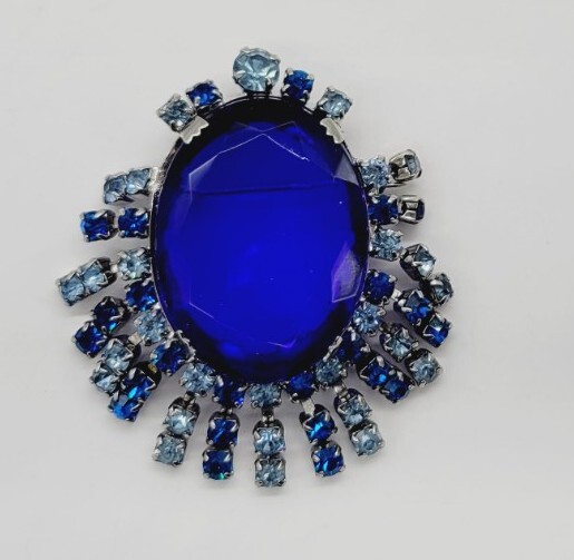 Navy Blue Crystal Victorian Silver Tone Fringe Brooch Pin 2.5 Inch Vintage