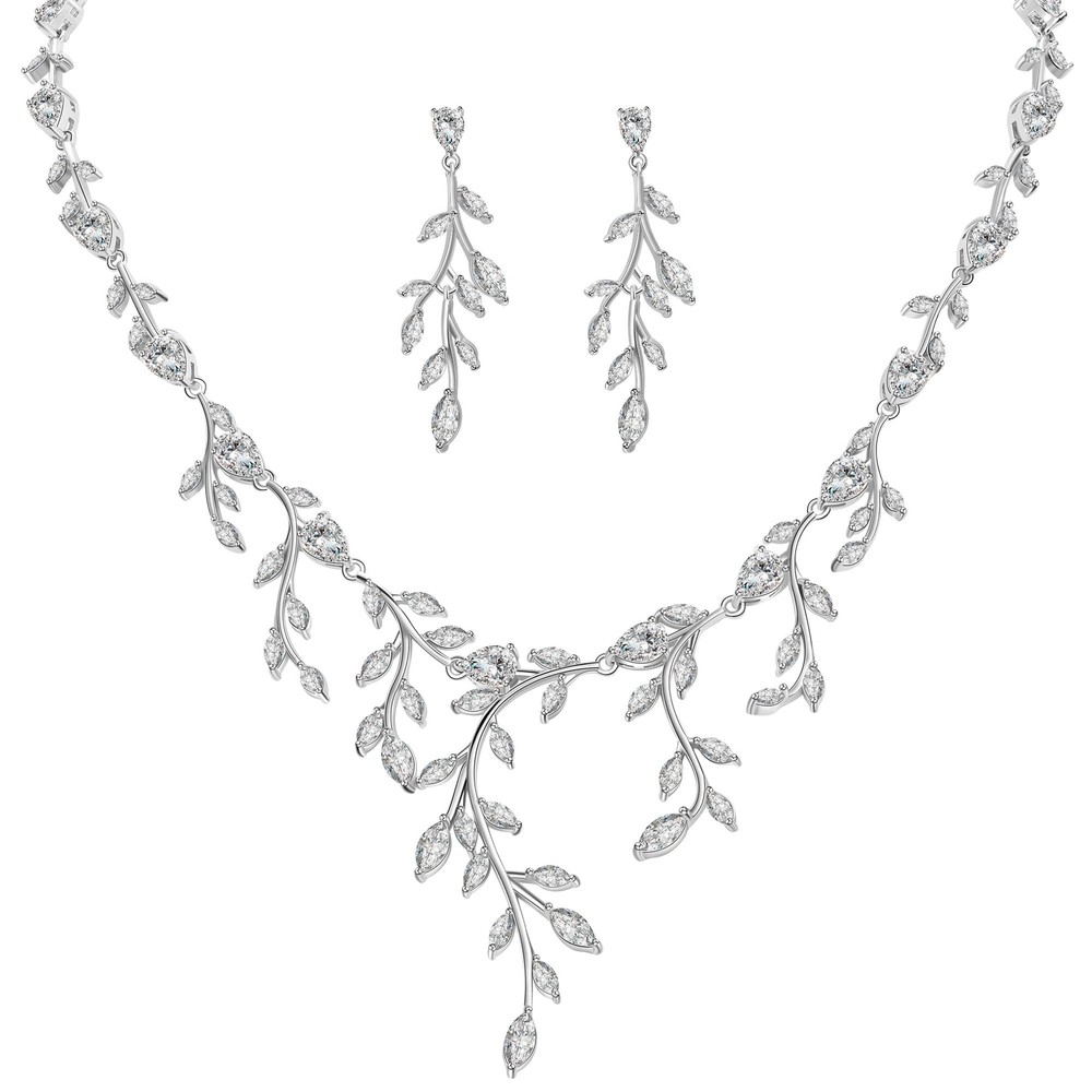 Silver Bridal Necklaces Set for Prom Wedding Jewelry Set Dangle Earrings for ...