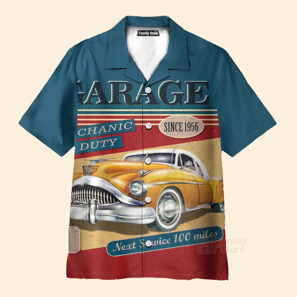 MenS Retro Contrast Color Stitching Garage Car Hawaiian Shirt Vintage