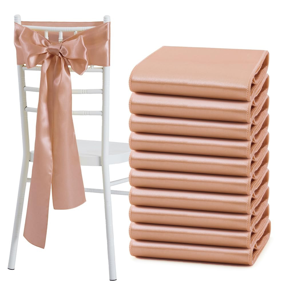 10 Pcs Rose Gold Satin Chair Sashes Bows Universal Chair Cover for Wedding Re...