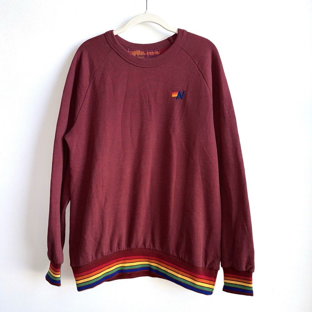 Aviator Nation Mens Size Medium Sweatshirt Burgundy Red Rainbow Rib Cuff