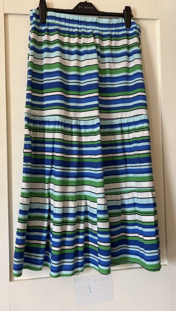 New George White Bright Blue Green Stripe Pull On Tiered Skirt UK16 L34.5