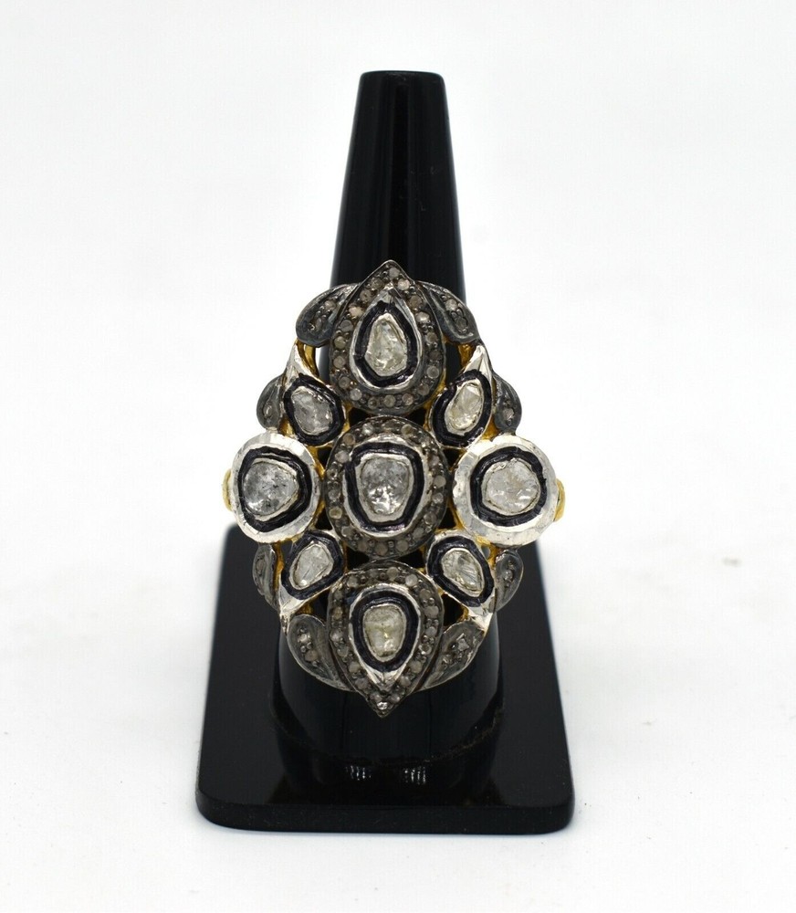 Rose Cut Polki Diamond Victorian Statement Ring in 925 Sterling Silver