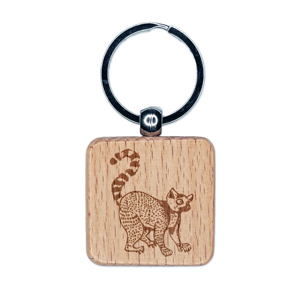 Ring-Tailed Lemur Engraved Wood Square Keychain Tag Charm