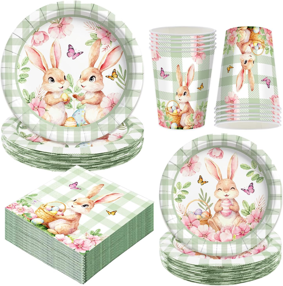 Easter Bunny Plates Napkins and Cup Set - Disposable Easter Tableware Party Supp
