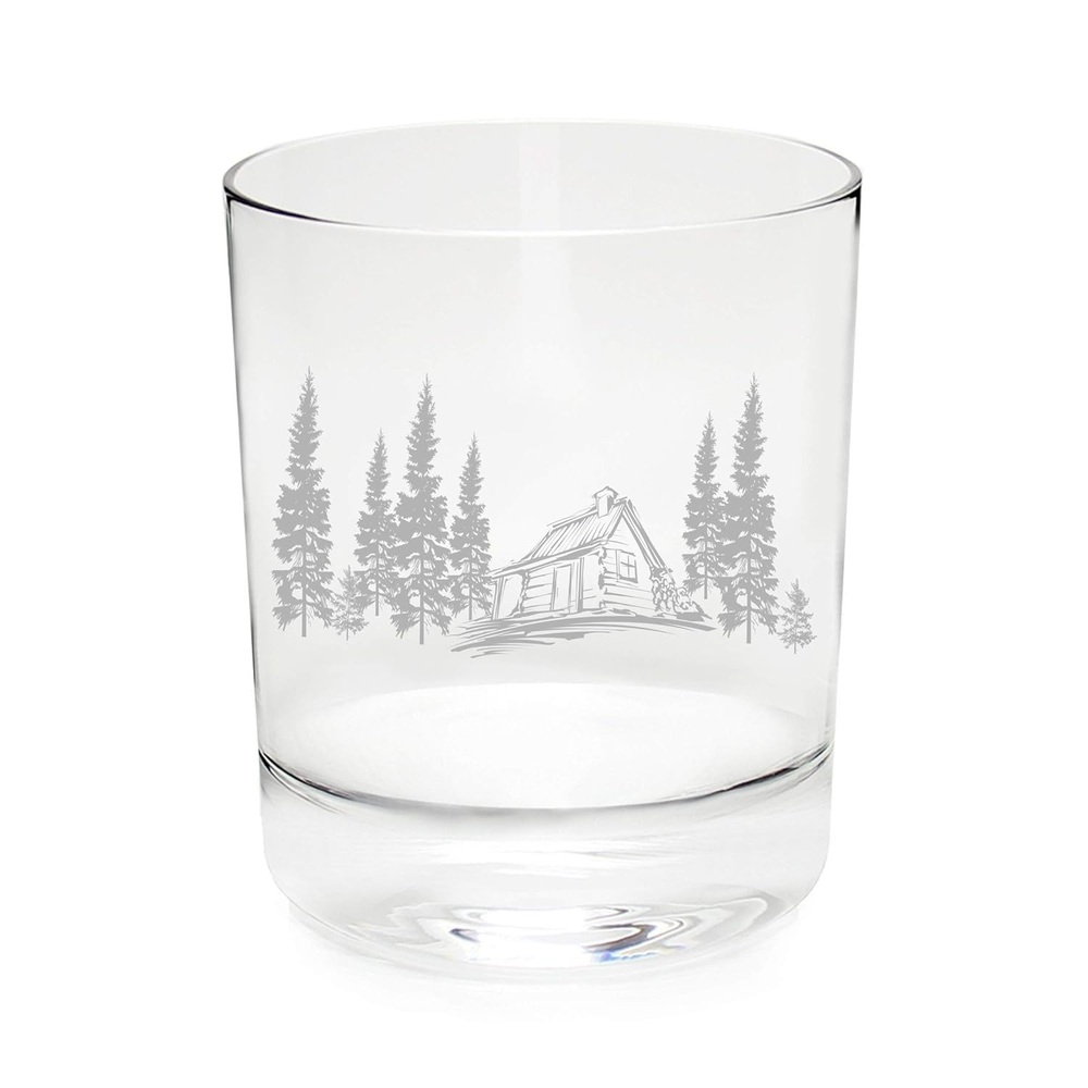 Laser Engraved 11Oz Whiskey Rocks Glass with Cabin in the Woods Design