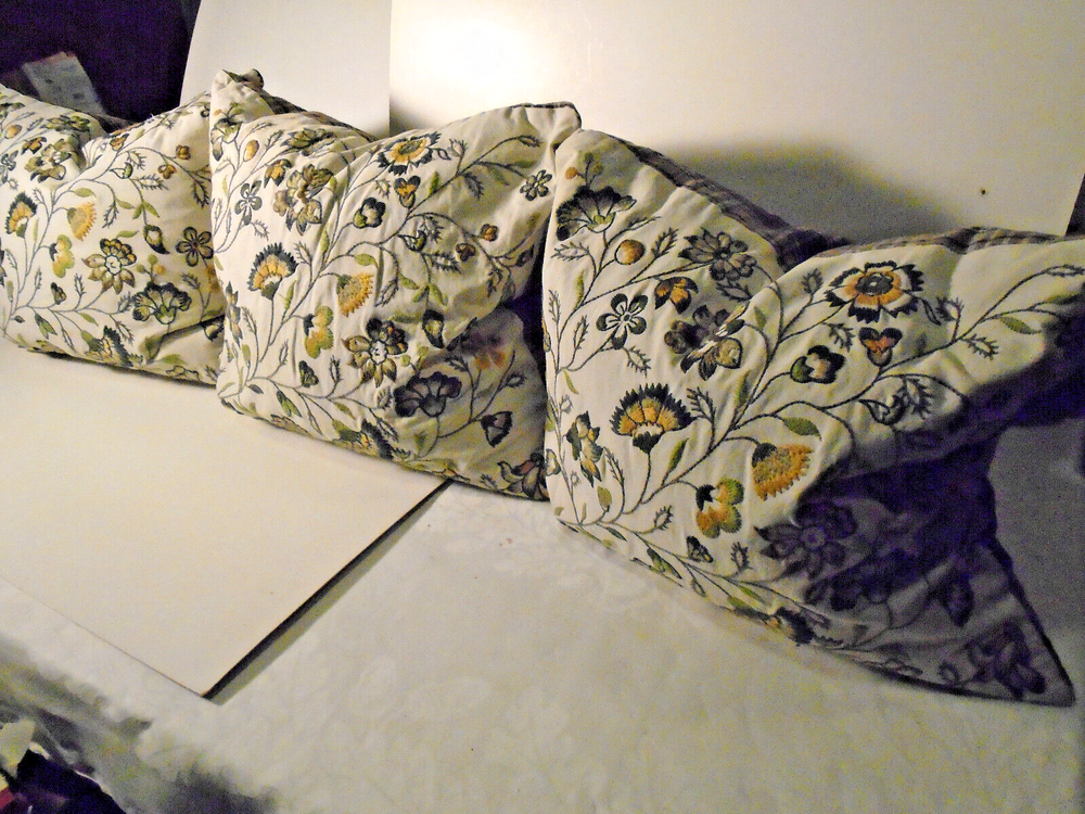 3 DOWN FIlled PILLOWS crewel front cover plaid on buttoned back Mid-Century