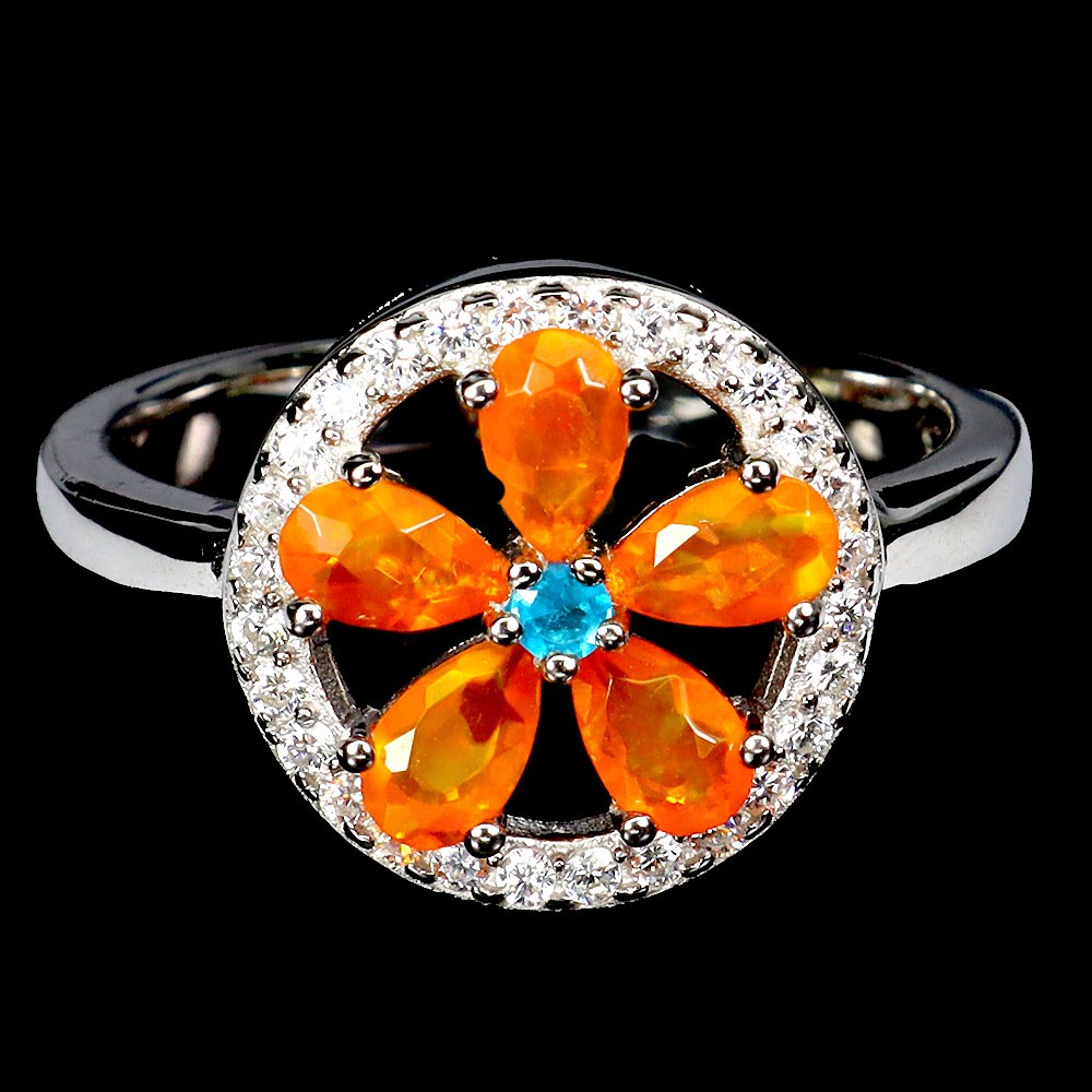 925 Sterling Silver Ring Pear Orange Opal Apatite Gemstone Jewelry Flower Size 7