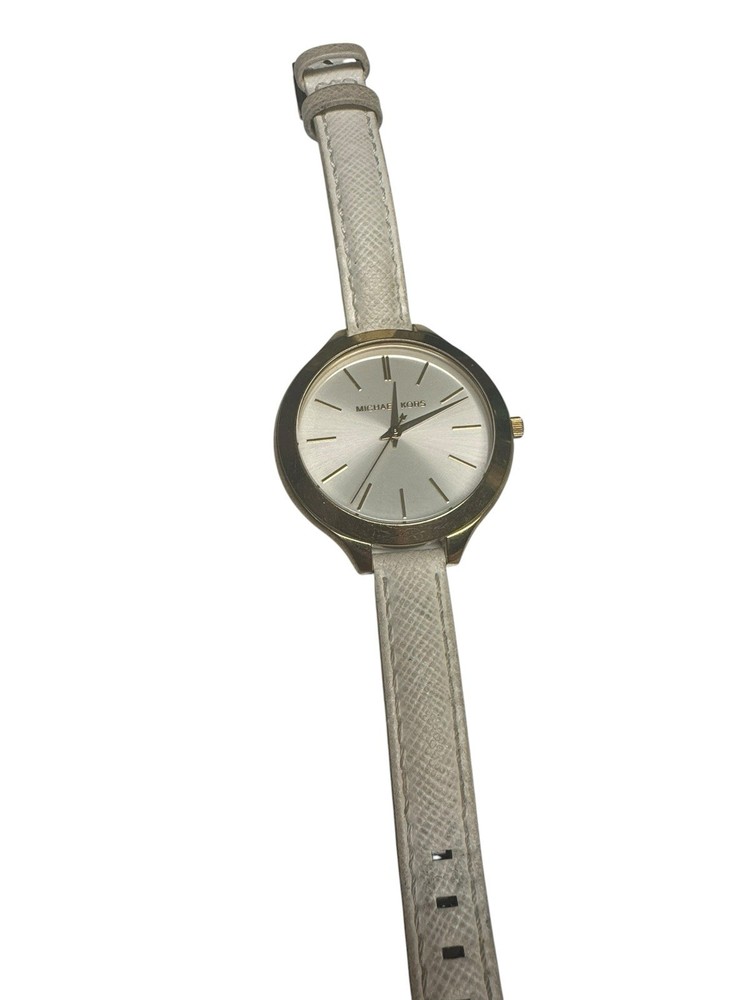 Michael Kors MK2273 Womens Gold Analog Quartz Round Watch White Strap