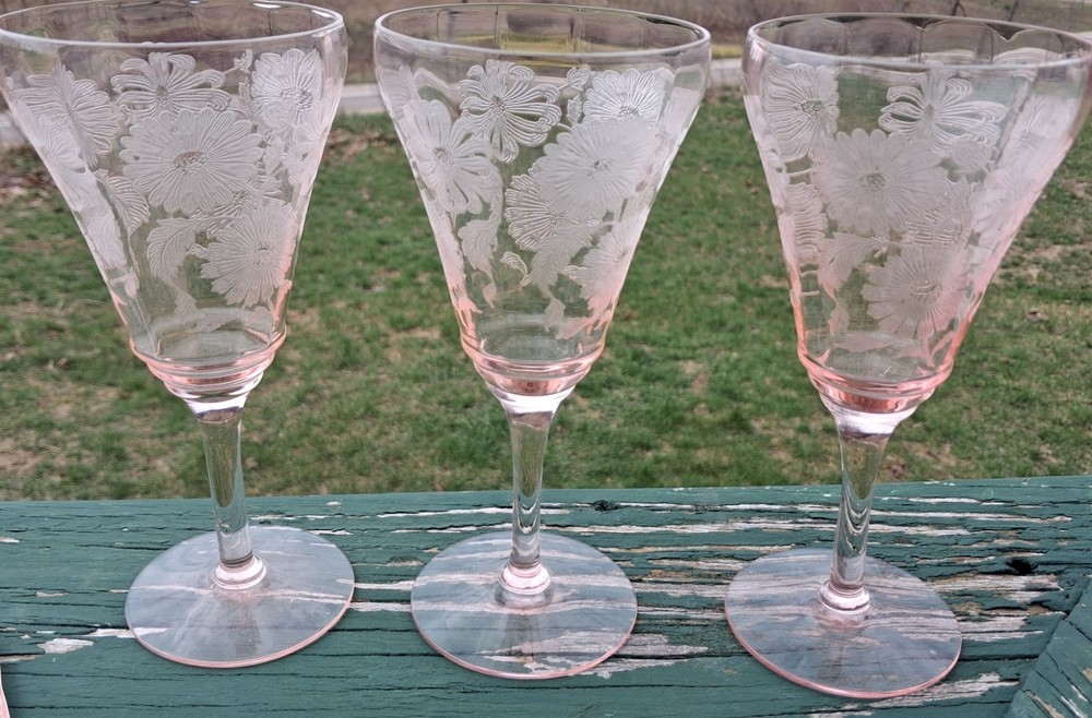 Tiffin Lois Etched Pink Paneled Goblet Set Of 3 Vintage Stemware