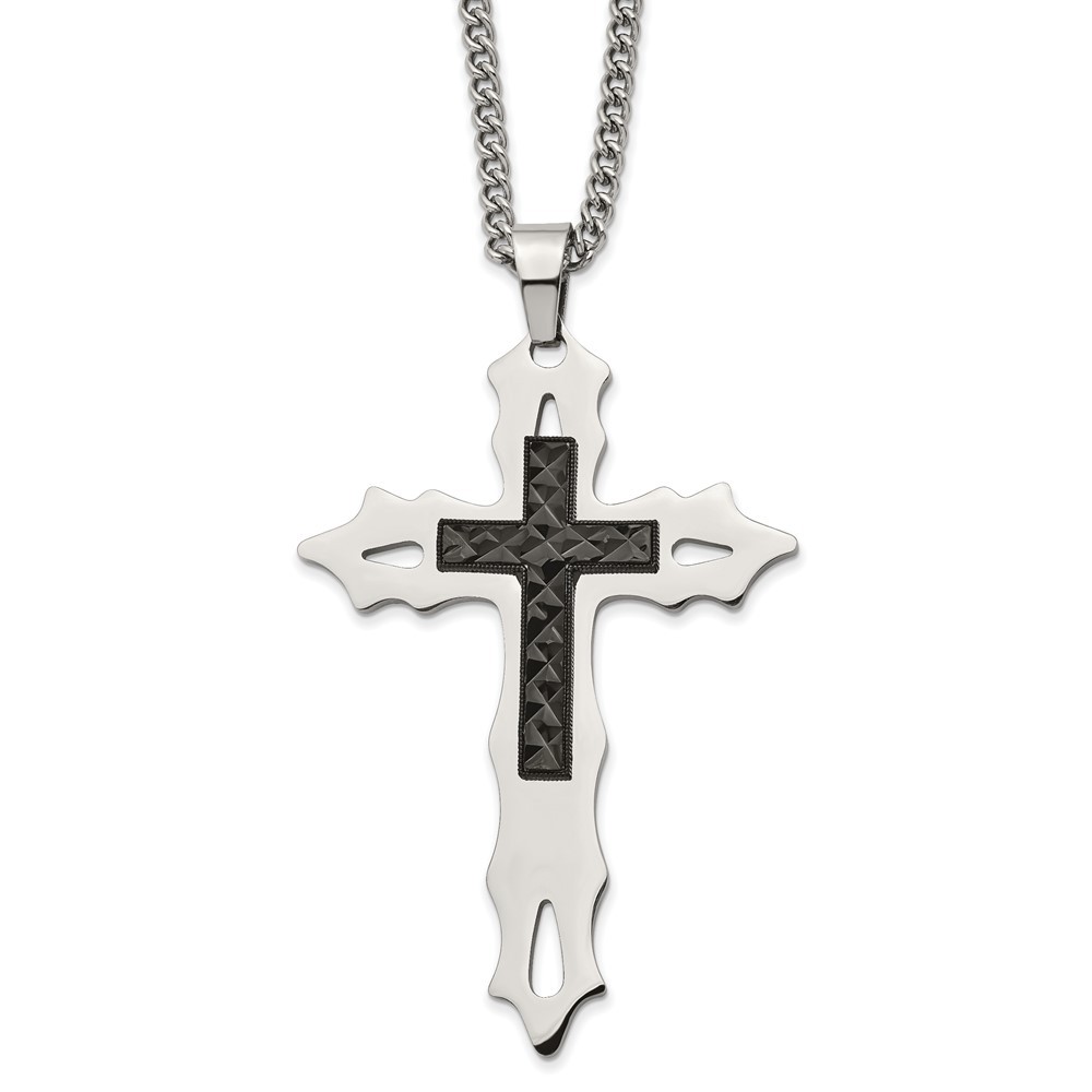 Stainless Steel Black IP Plated Cross Pendant Curb Chain Necklace 24 Inch 19.15g
