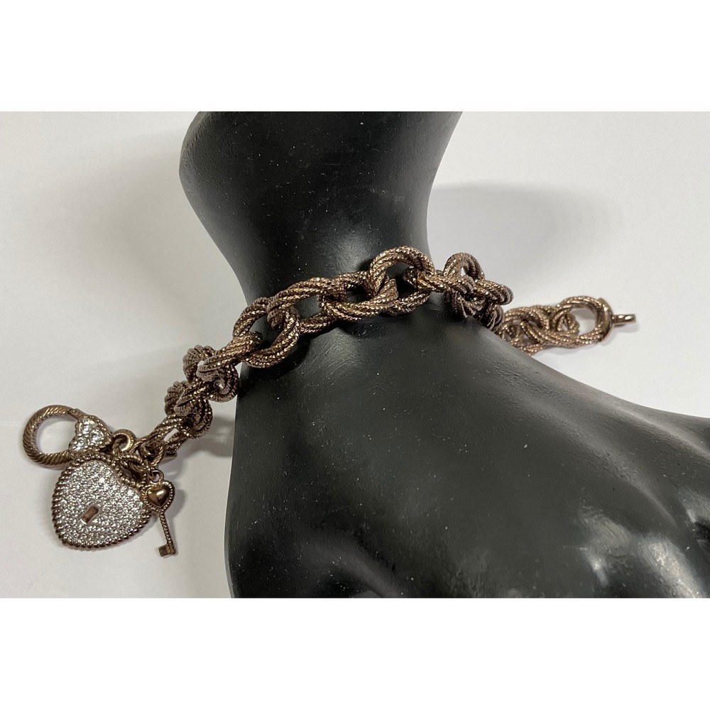 Judith Ripka Sterling Silver Heart Lock and Key Pave Charm Bracelet Size Average