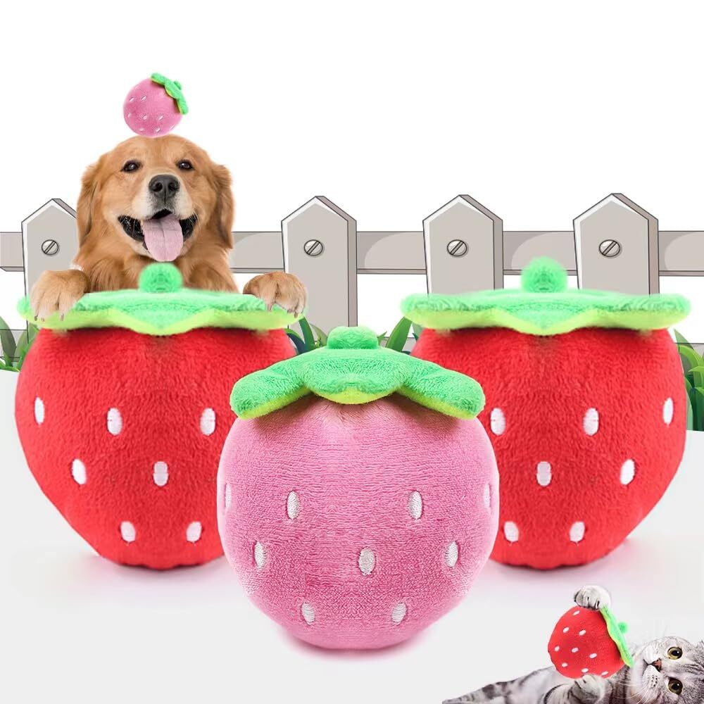 3 PCS Strawberry Style Squeaky Plush Dog Toys - Small Breed Puppy Chew Toys -...