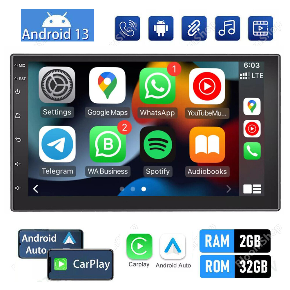 7 Inch Android 13 Double Din Car Stereo with Wireless CarPlay GPS Navigation DSP Bluetooth and 32GB Storage
