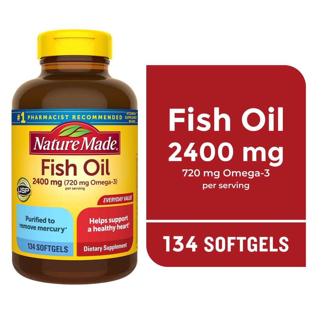 High-Potency 2400mg Fish Oil Softgels - Triple Strength Omega-3 Supplement, 134 Count