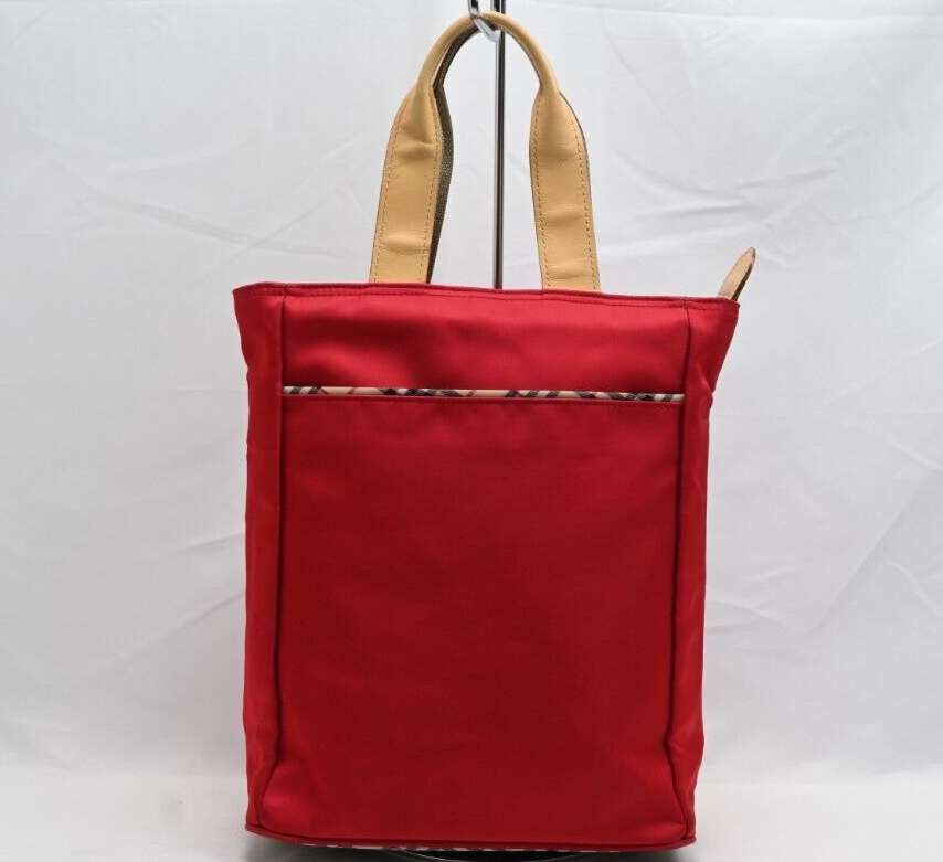 Burberry Red & Brown Nylon Canvas Leather Tote Bag Hand Bag Authentic