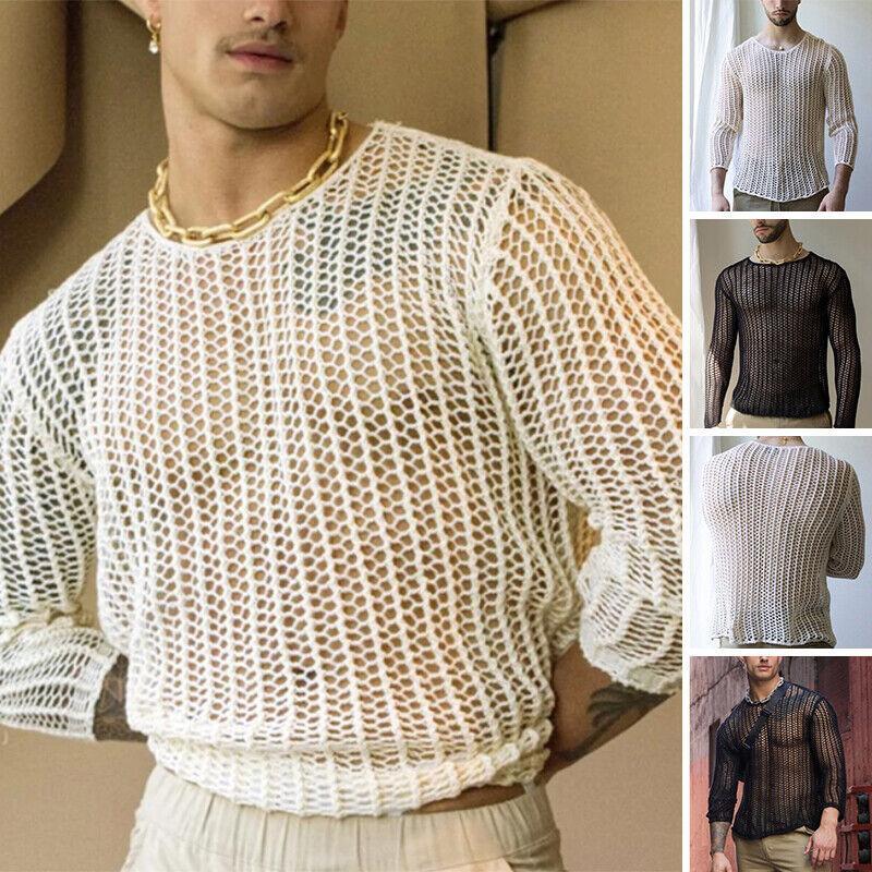 Sexy Men Mesh Fishnet T Shirt Casual Muscle Blouse T Shirt Top Undershirt