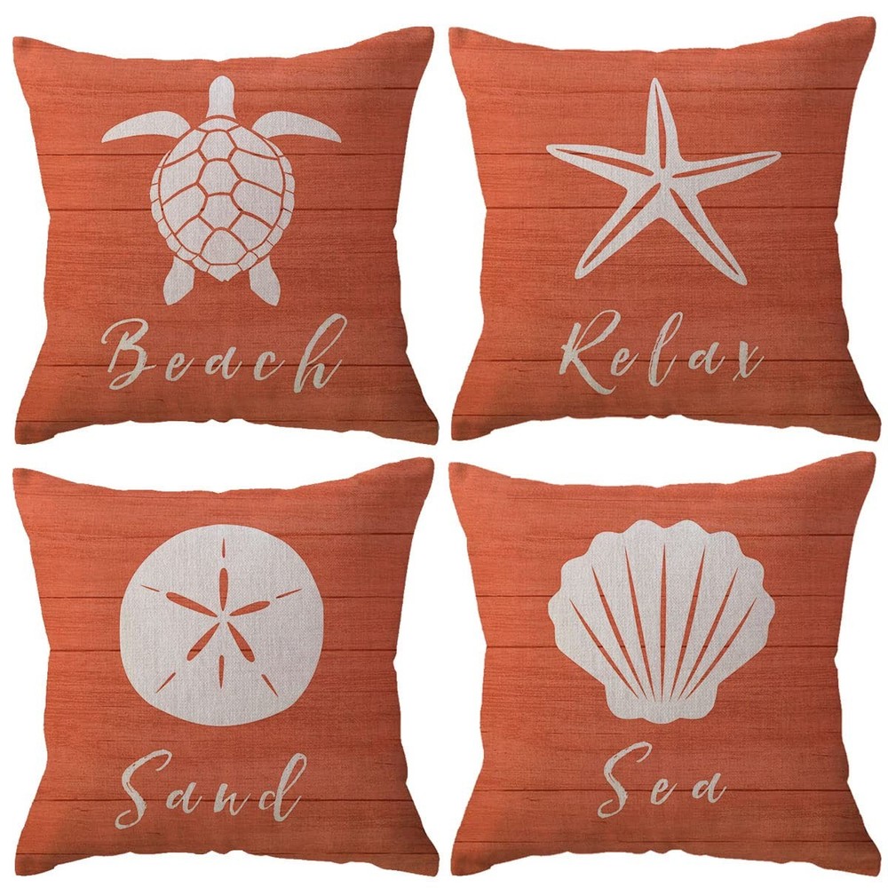 Coastal Beach Throw Pillow Covers 18 x 18 Inch Set of 4 Seaturtle Starfish Sh...