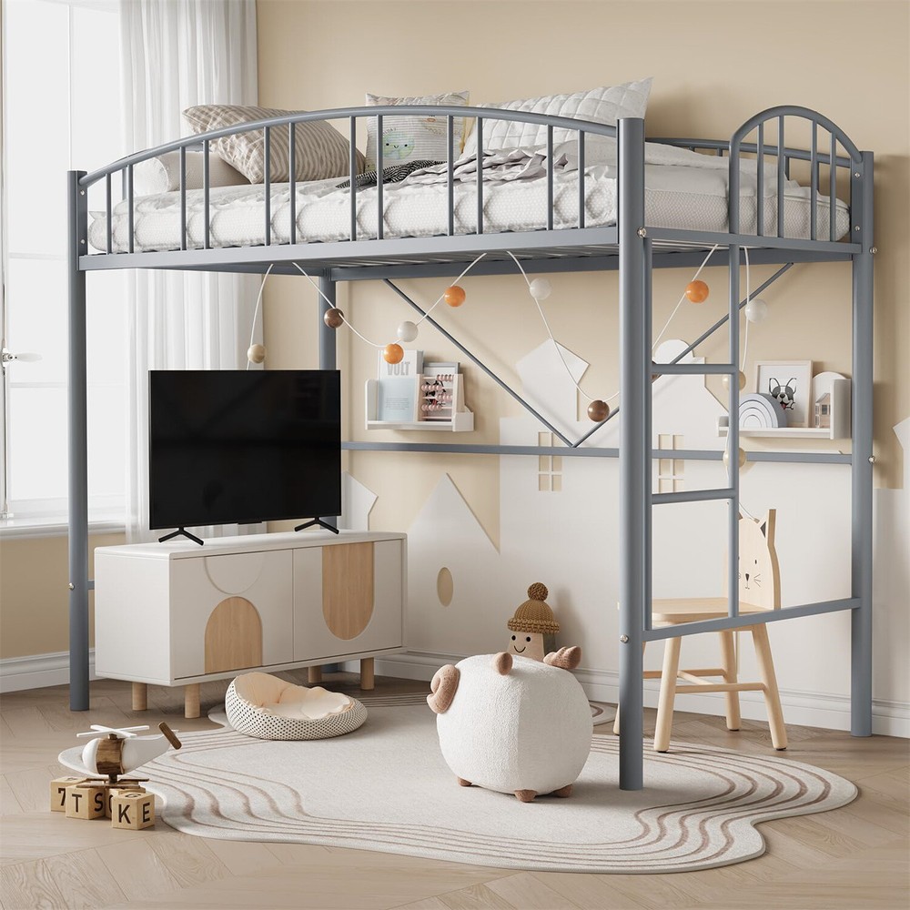 🔥Loft Bed Twin Size Heavy Duty Metal Loft Bed Frame with Arched Guardrail Ladde