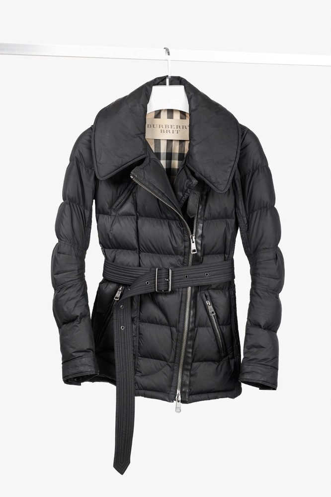 Burberry Brit Charcoal Leather-Trim Belted Puffer Moto-Style Jacket, Size XS