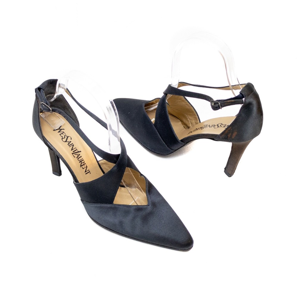 Vintage YSL Black Satin Cross-Strap Heels Size US 6 EU 36.5