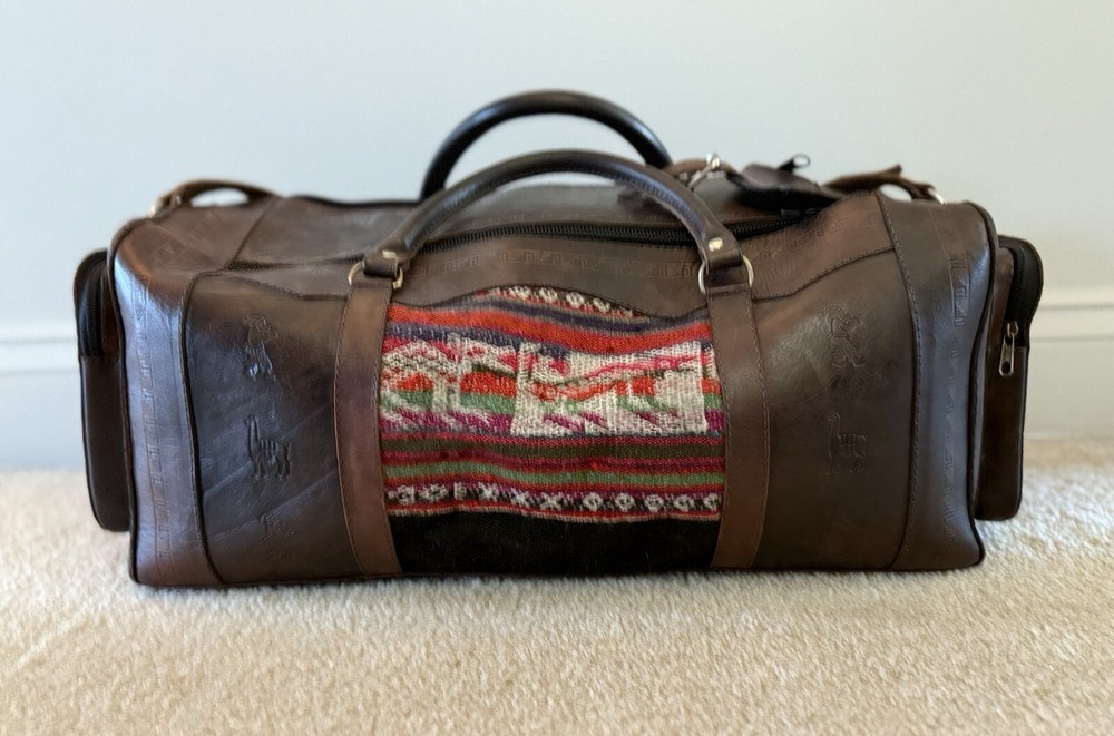 Durable tooled leather Andean design Travel Bag, Handmade In Bolivia.