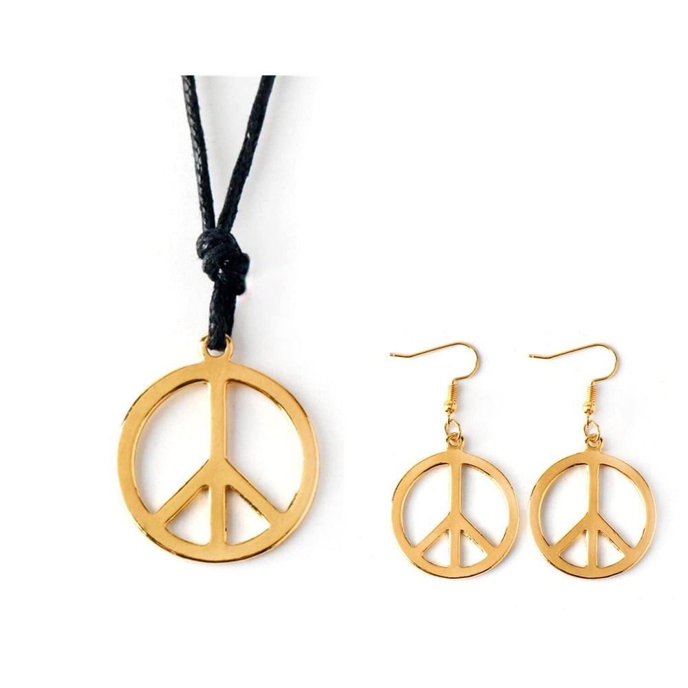 Soyzvteo Silver Gold Peace Sign Pendant Necklace & Earrings Hippie Set