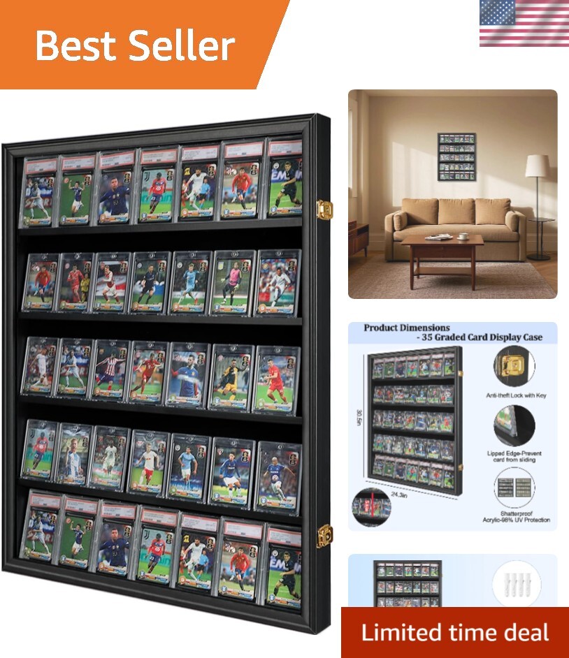 Wooden UV-Protected Lockable Sports Card Display Case Wall Mount in Black