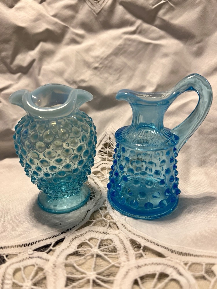 Vintage Fenton Aqua Blue Opalescent Hobnail Ruffled Edge Bud Vase and Cruet 3.5 Inch