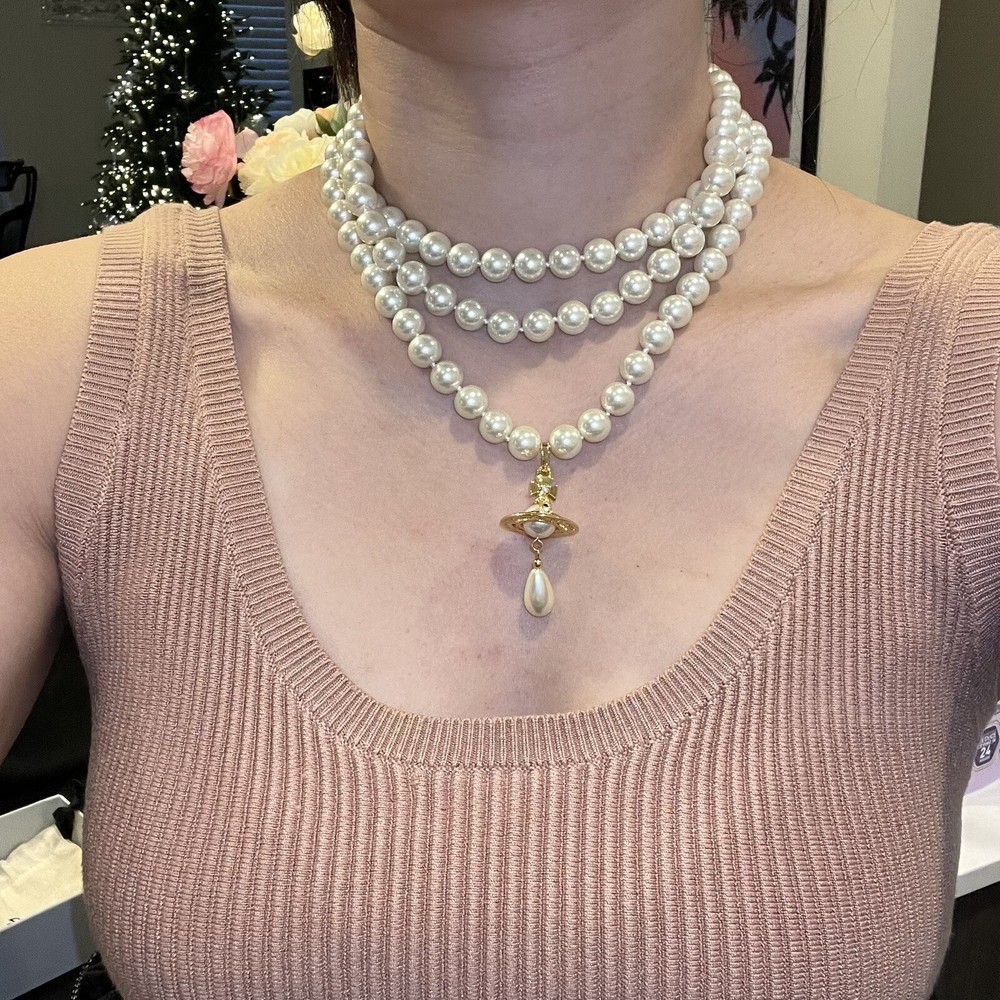 Vivienne Westwood Nana Three Row Layer Drop Pearl Choker Gold Tone110