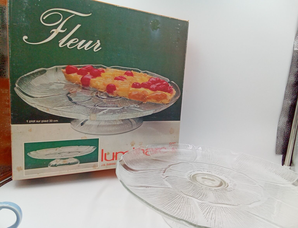 Luminarc Fleur Glass Cake Stand Pedestal Serving Tray 13 Inch Arcoroc 1990s France
