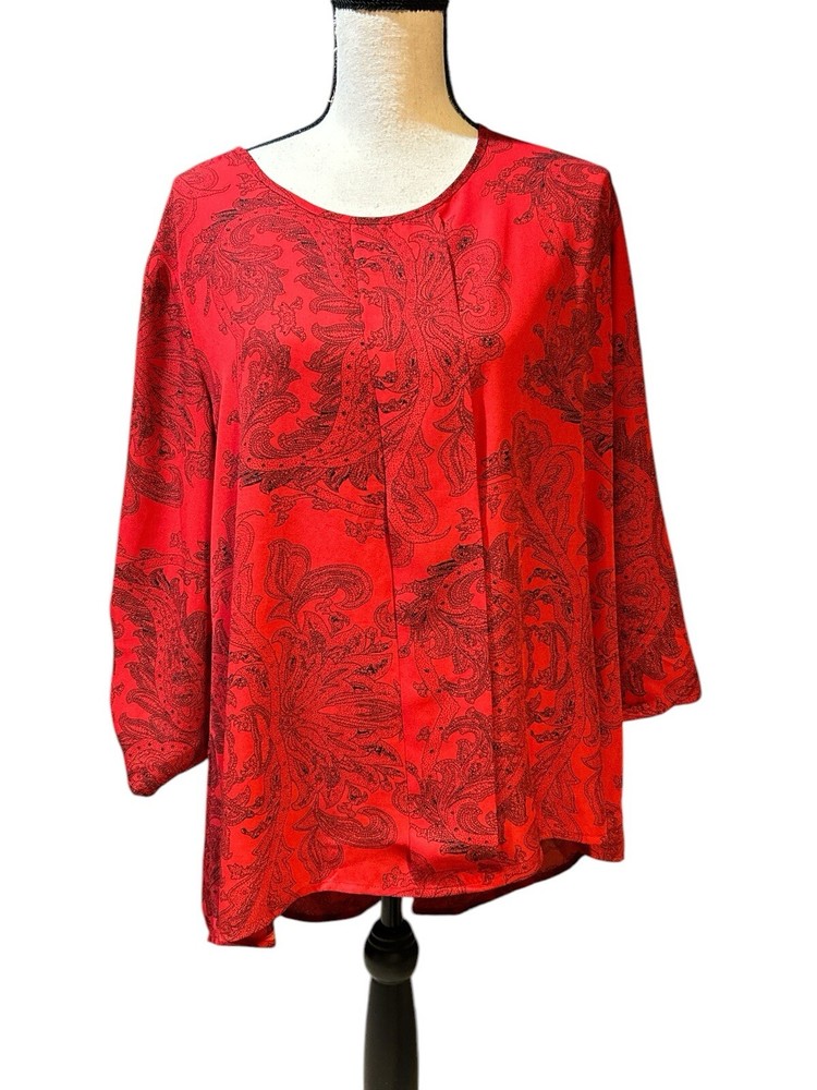 Sammy & Jo Red Paisley Hi-Low Career Blouse with Front Pleat 1X