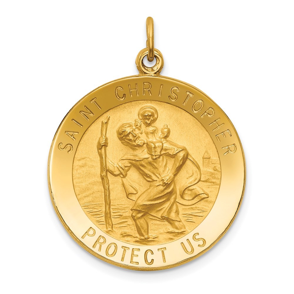 14k Yellow Gold Satin Medium Solid Round St. Christopher Medal Pendant