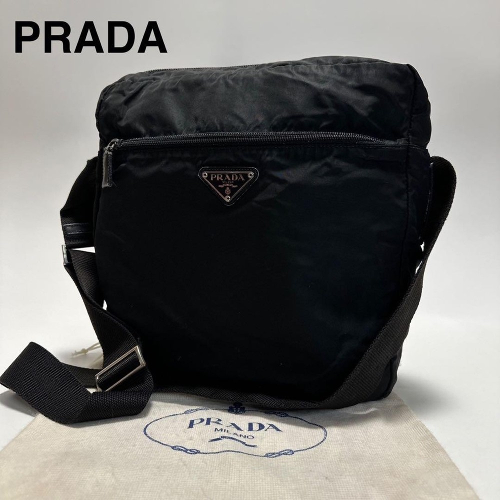 Prada Black Triangle Logo Nylon Leather Shoulder Bag in Excellent Condition