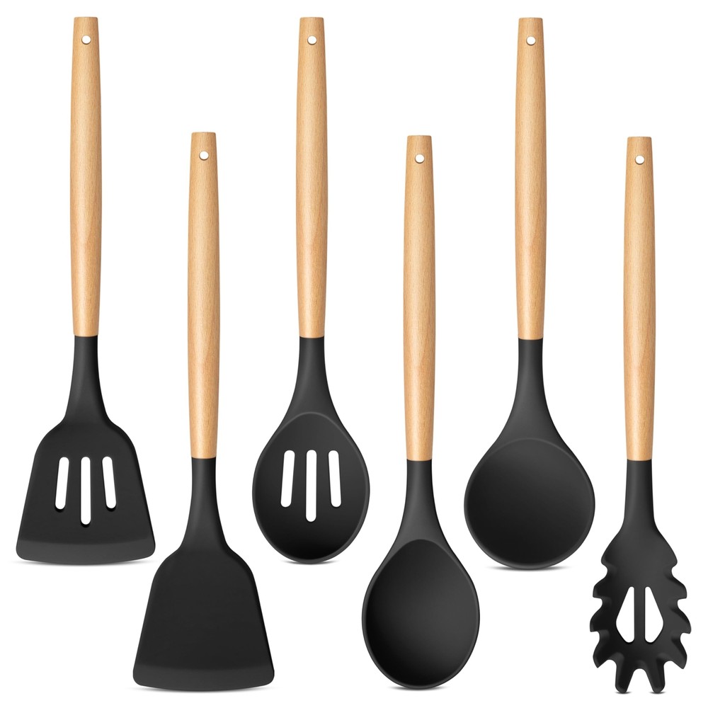 Cooking Utensils Set, Silicone Kitchen Utensils with Wooden Handles Set of 6,...