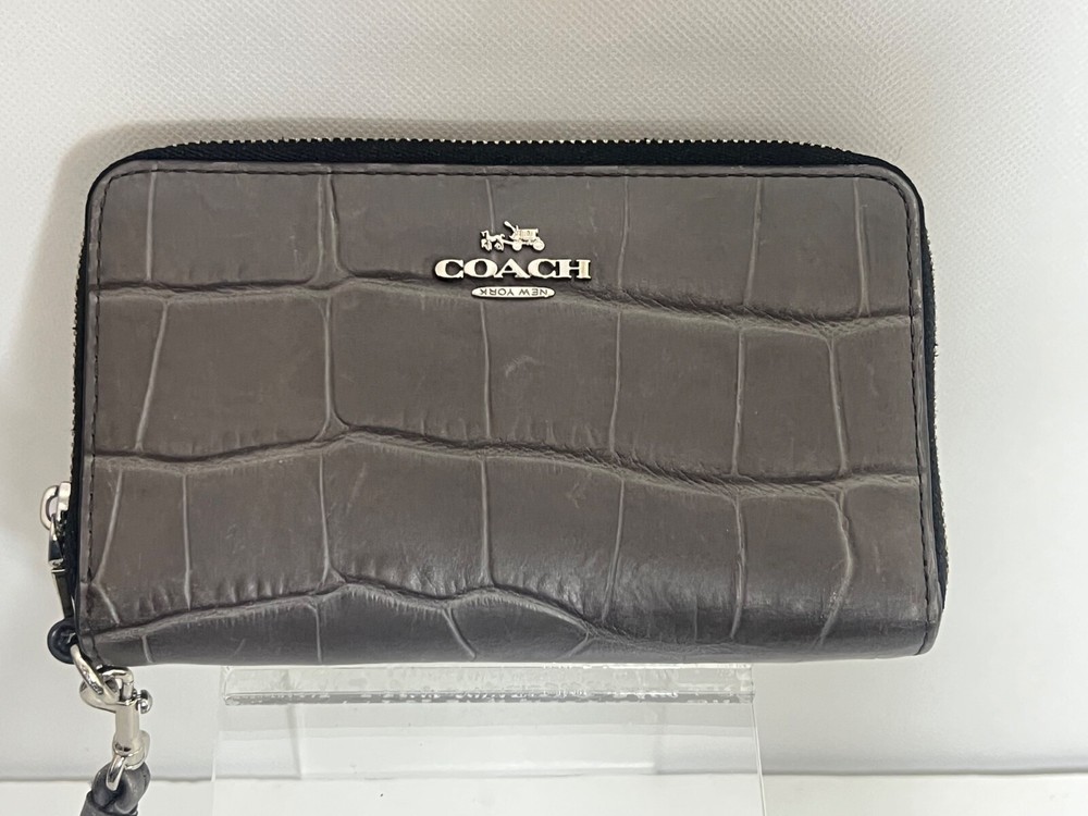 Coach Brown Leather Accordion Zip Wristlet with Silver Hardware and Strap