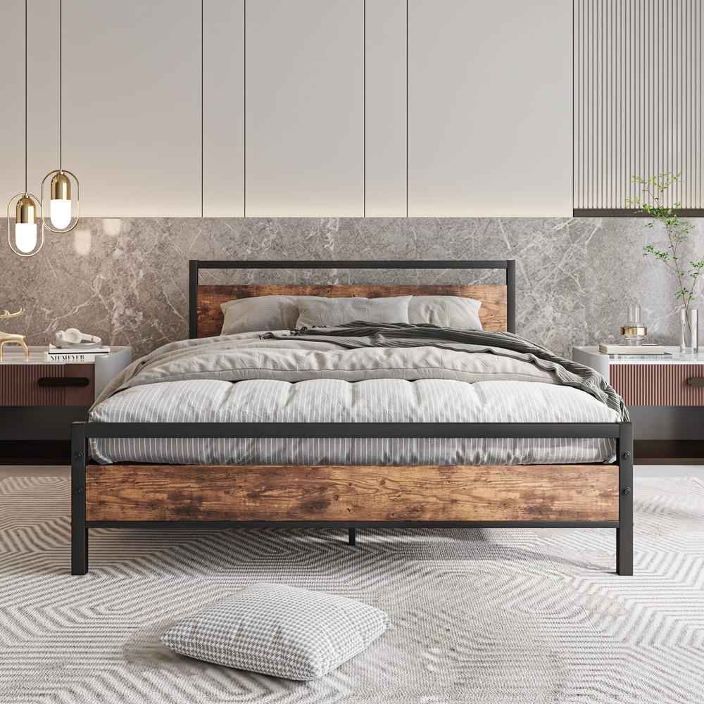Queen Size Metal Platform Bed Frame with Wooden Headboard & Footboard – Sturdy & Stylish