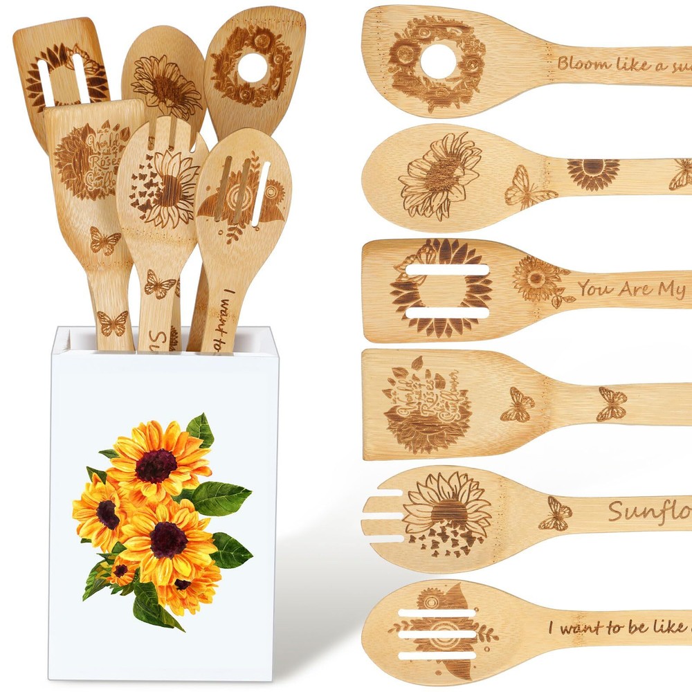 7 Pcs Sunflower Kitchen Utensils Set Spoons for Cooking with Utensils Holder ...