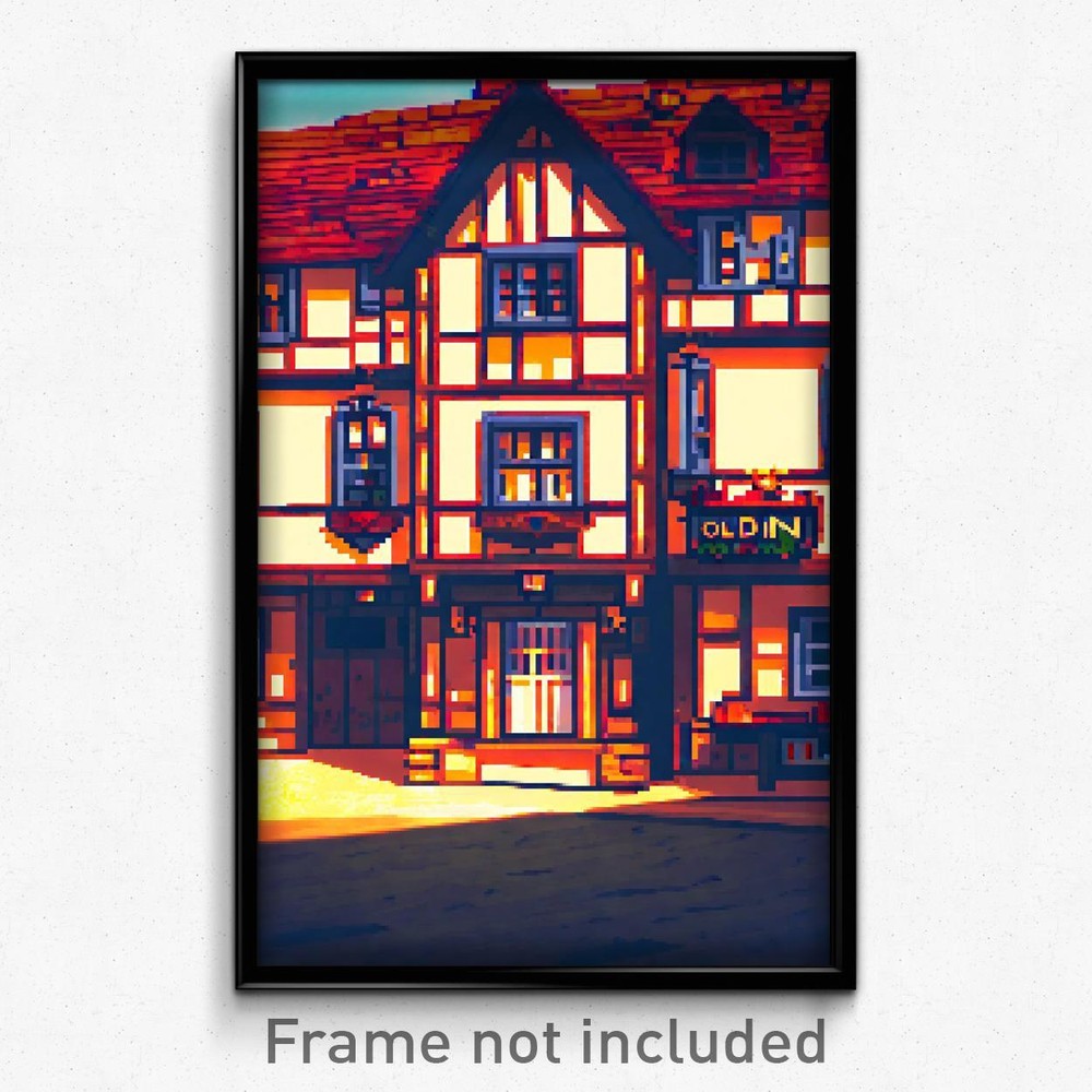 Pixel Art Poster - Old Inn (8 Bit Psychedelic Trippy Weird Video Game Print)