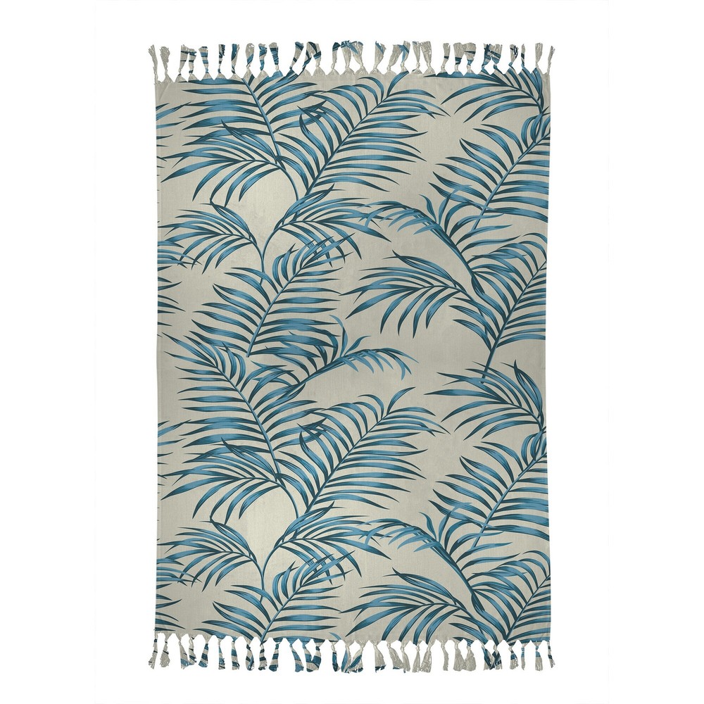 BLUE TROPICAL LEAVES Beach Blanket with Tassels by Kavka – Teal, Peach, Red – 38 x 8 – Stylish & Functional Outdoor Accessory