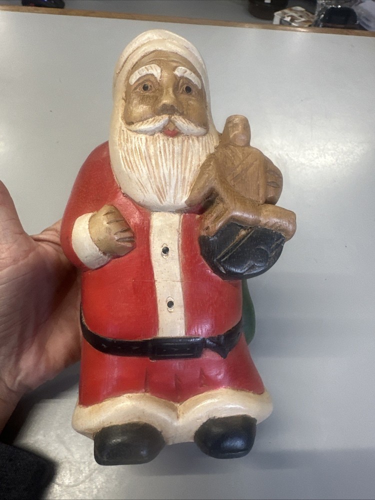 Carved Wooden Painted Santa Holding Toy Sack Made In Thailand