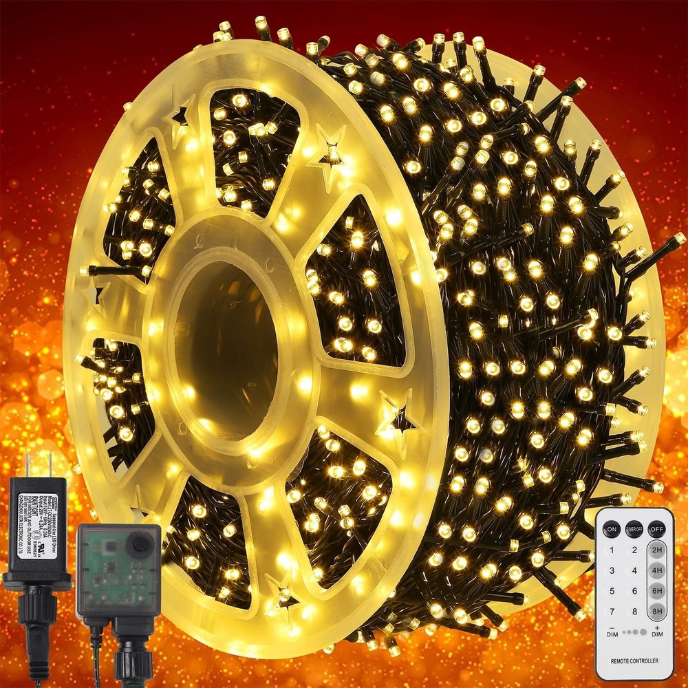 328ft WATERGLIDE 1000 LED Christmas String Lights with Green Wire and Warm White Glow