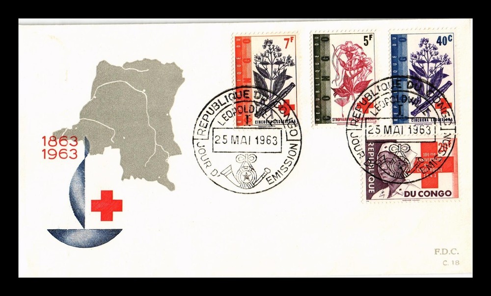 Dr Jim Stamps Congo First Day Cover Set of 4 Red Cross Centenary Nurse Flowers